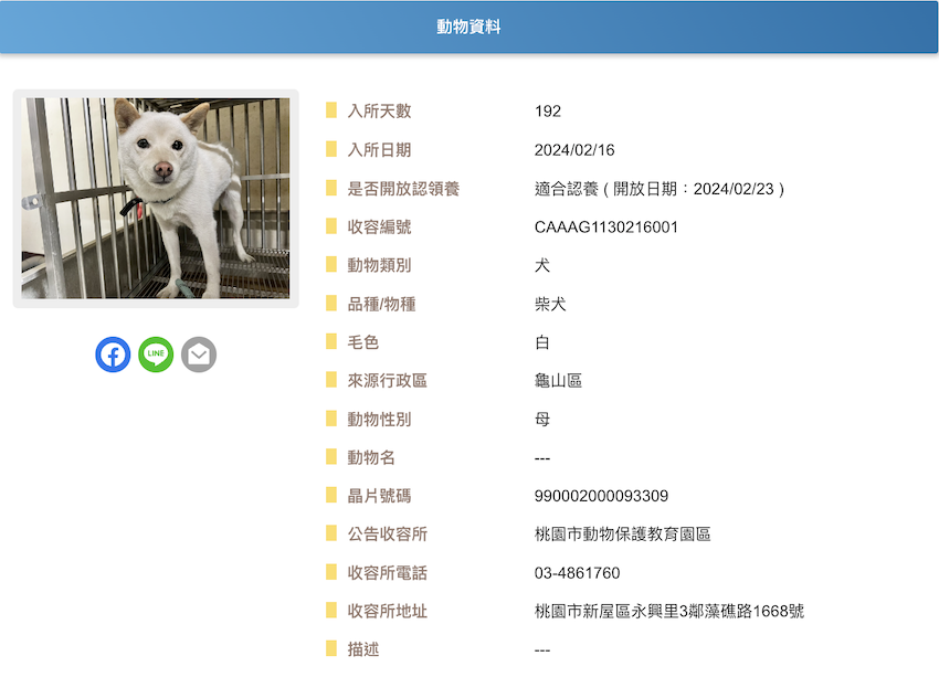收容編號:CAAAG1130216001